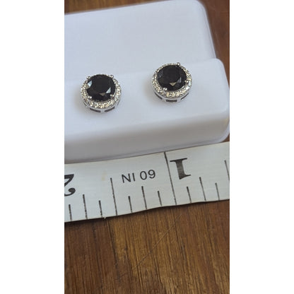 Sterling Silver Black Onyx Round Halo Stud Earrings 925 Pave CZ Accent 13mm