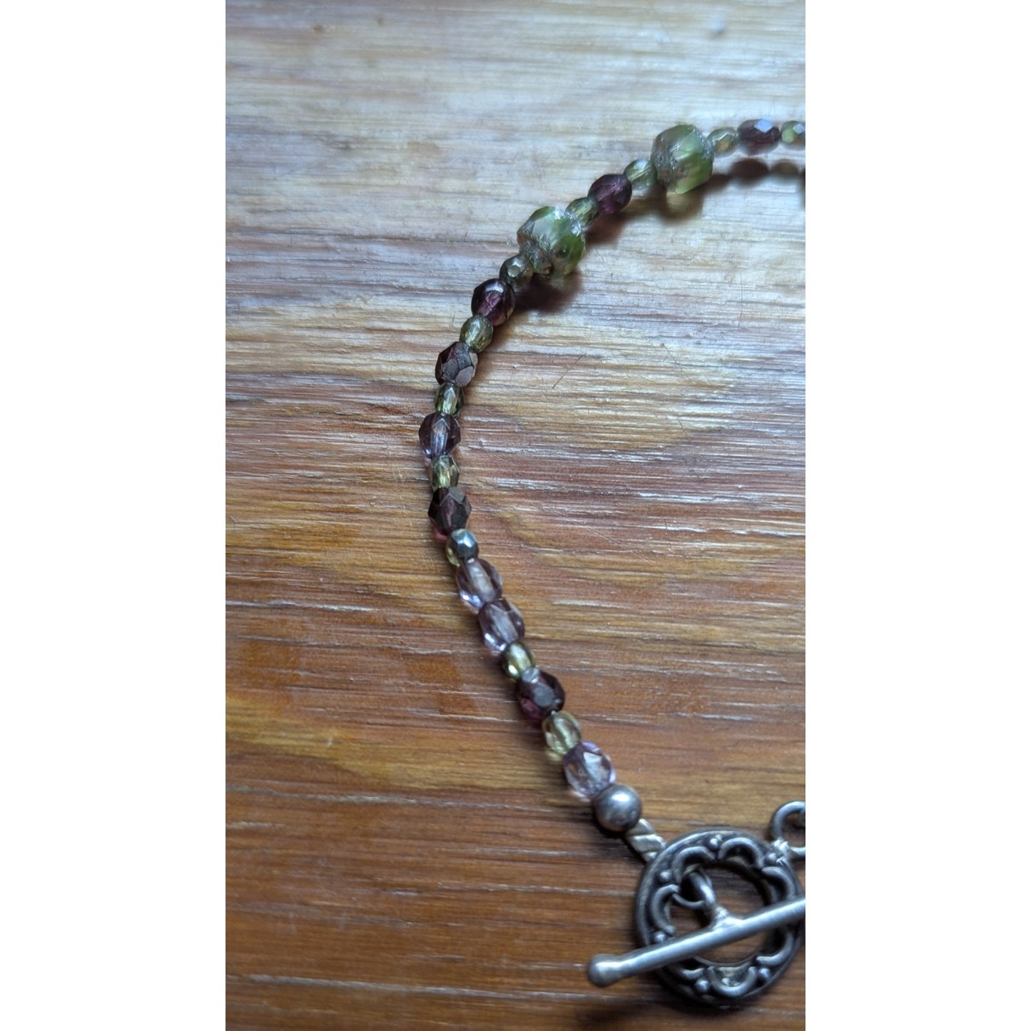 Czech Glass Bead Necklace Sterling Silver Toggle Clasp Purple Green