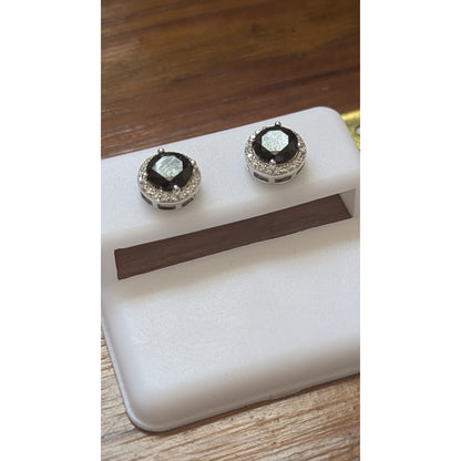 Sterling Silver Black Onyx Round Halo Stud Earrings 925 Pave CZ Accent 13mm