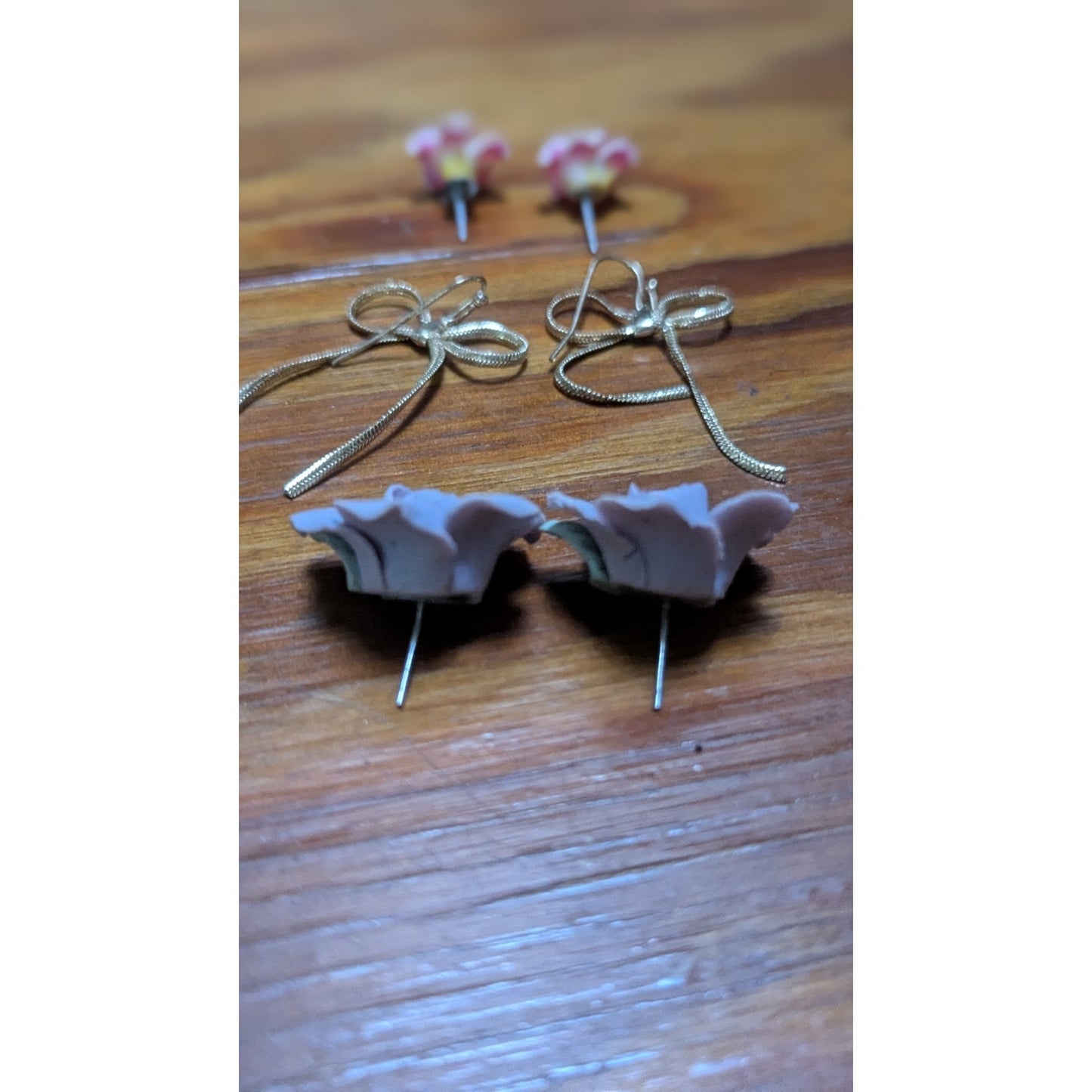 Vintage Earring Lot 3 Pairs Plumeria Bow Fringe Porcelain Rose Estate