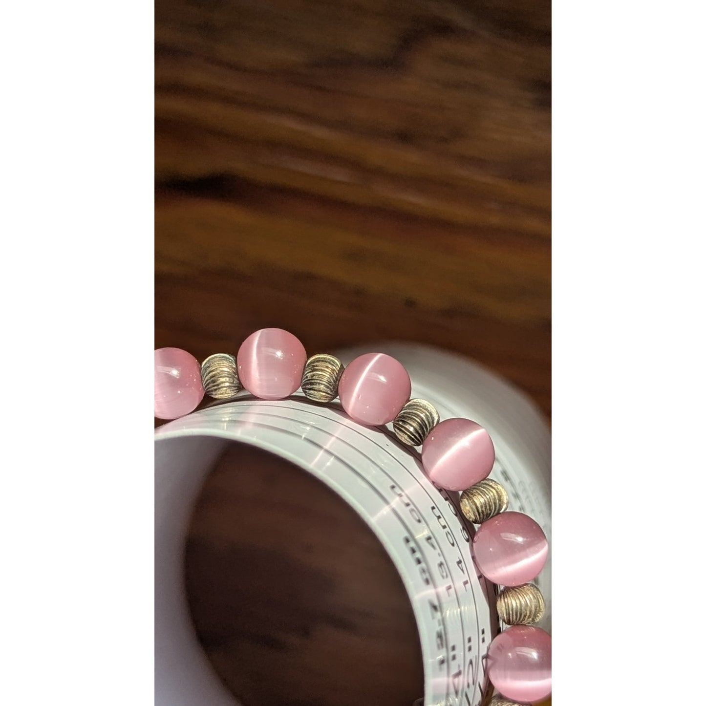 Vintage Sterling Silver 925 Pink Cat's Eye Fiber Optic Bead Bracelet 6" Petite