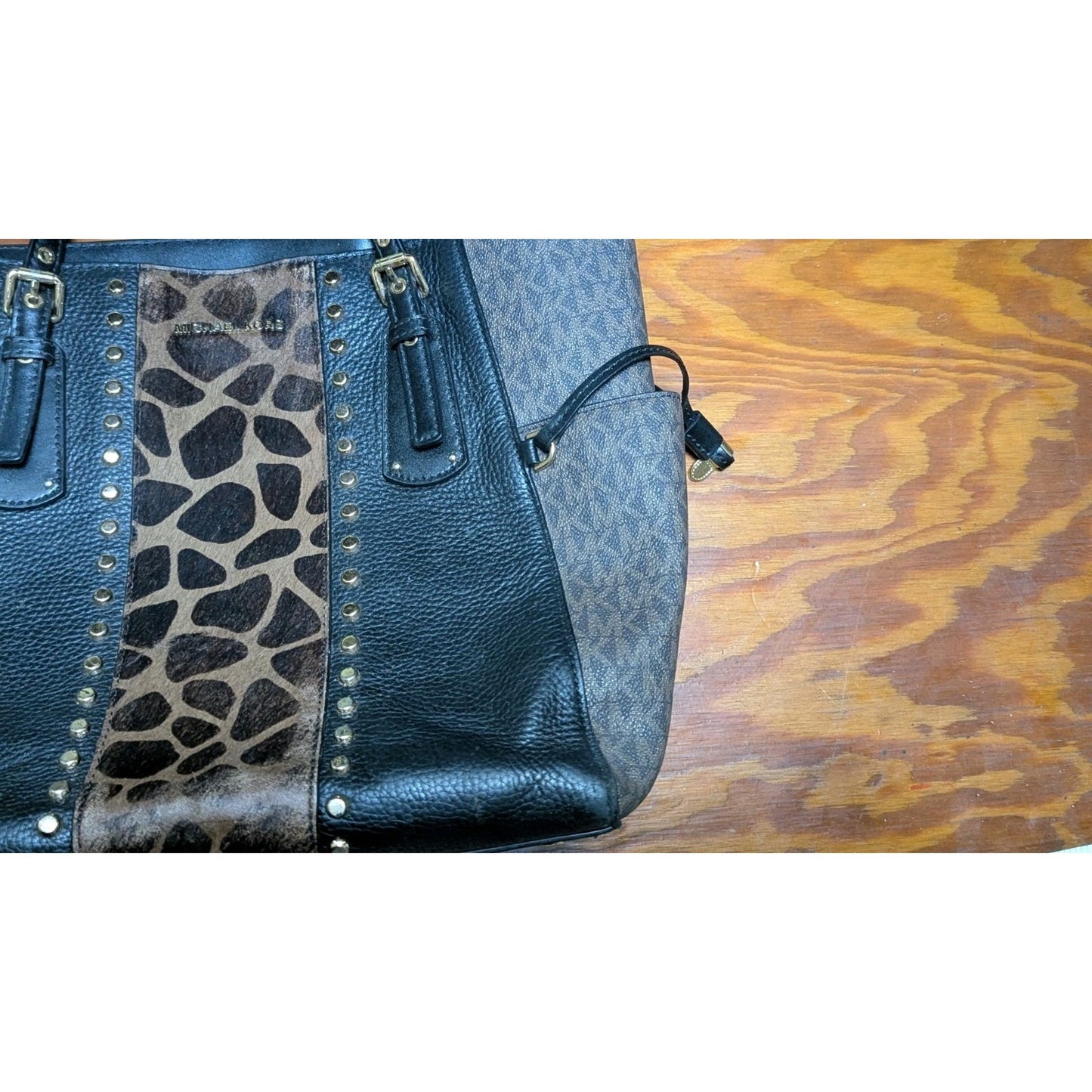 Michael Kors Uptown Astor Studded Tote Giraffe Calf Hair Black Michael Kors