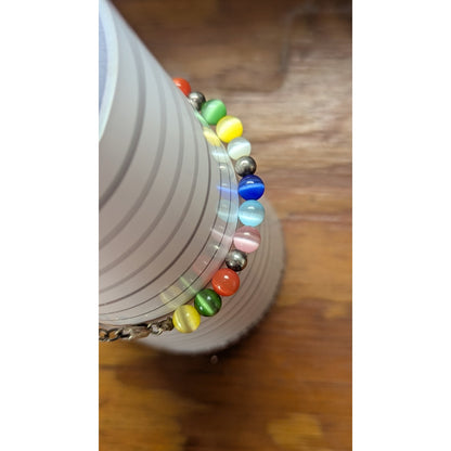 Vintage 925 Sterling Silver Rainbow Cats Eye Bead & Pyrite Bracelet 7"