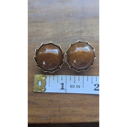 Vintage Hong Kong Amber Glass Cabochon Clip On Earrings Gold Tone Scalloped